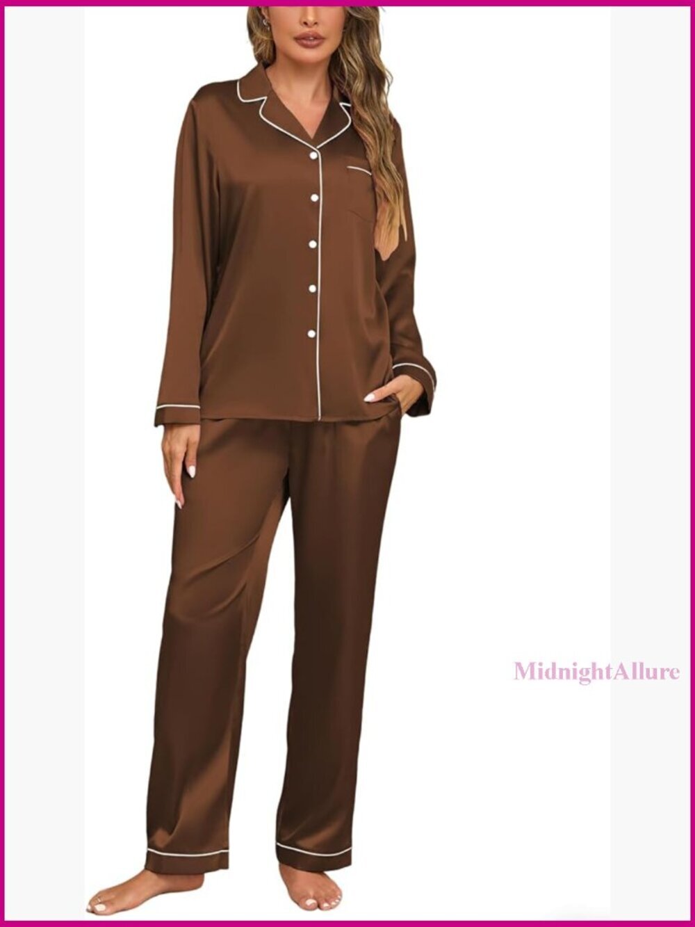 Womens Satin Silk Pajama Set Button Down Long Sleeve Loungewear 2 Piece Pjs